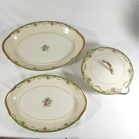 4 piece serveware warwick green floral bouquet made in USA - Picture 1 of 16